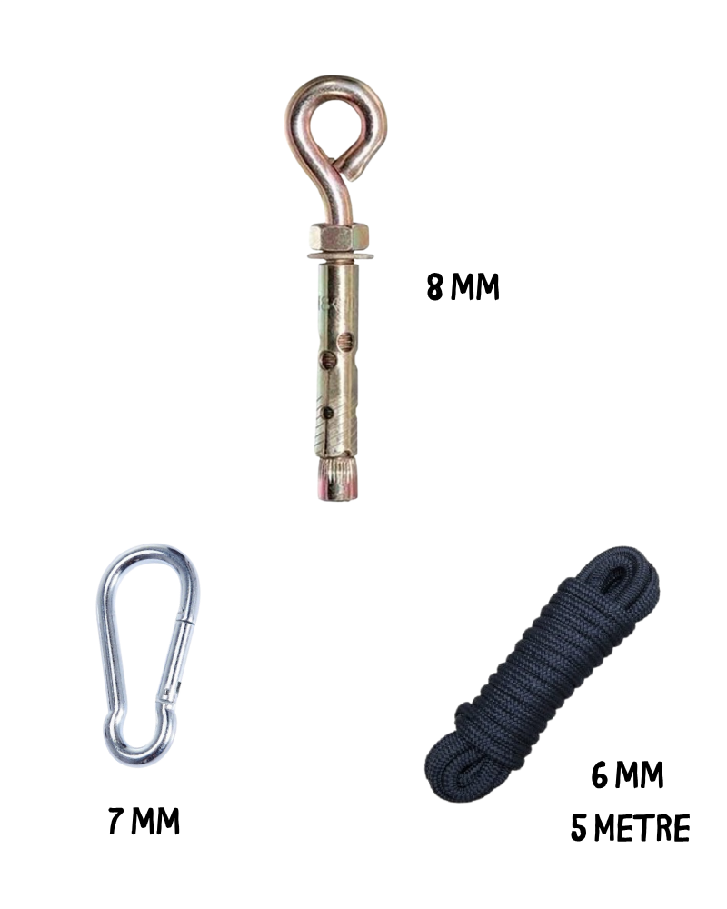 Salıncak, Hamak, Boks Torbası Asma Aparatı Karabina + Çelik Dübel + Halat İp 3 Lü Set